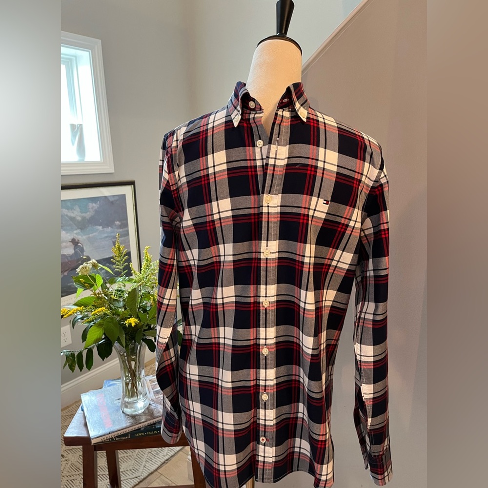 TOMMY HILFIGER Shirt Tartan Plaid Button Down Long Sleeve Red White Blue. - Picture 9 of 9